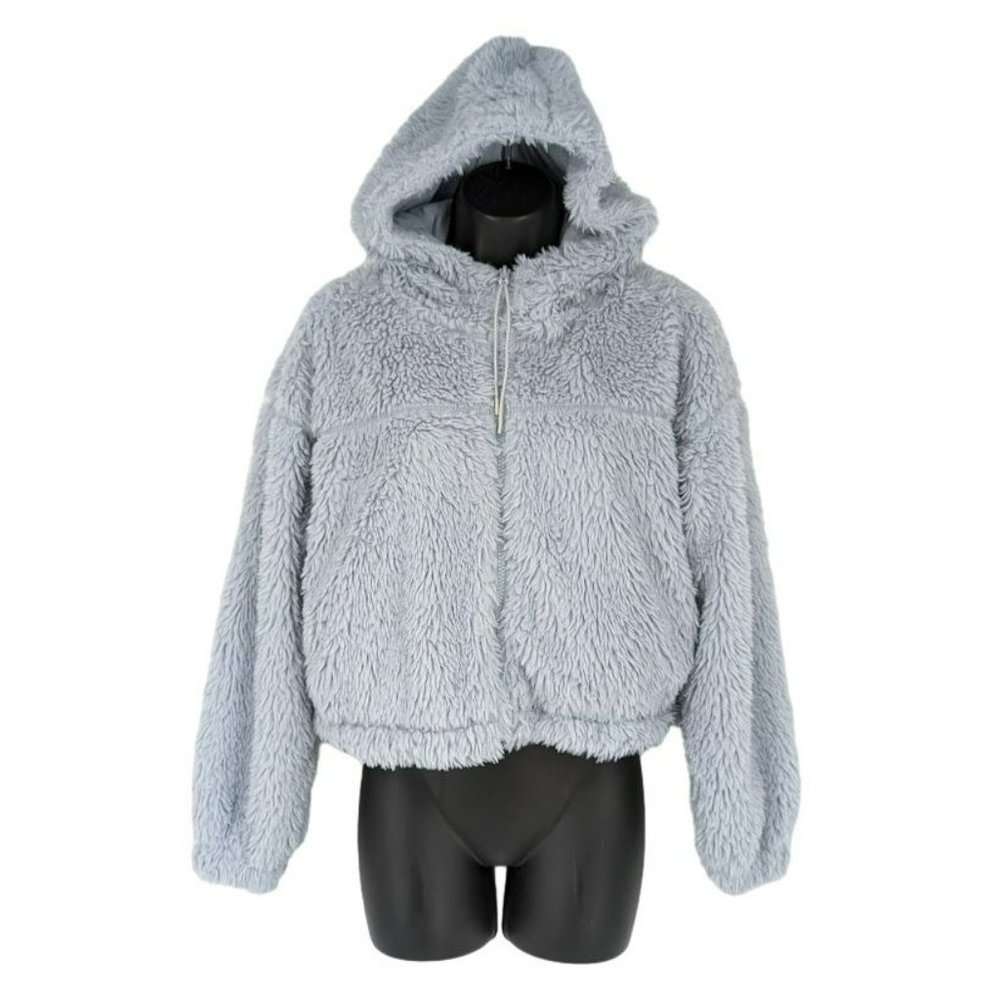 BDG Urban Outfitters Hoodie M Blue Sherpa Cropped Teddy Jacket Full Zip Cozy